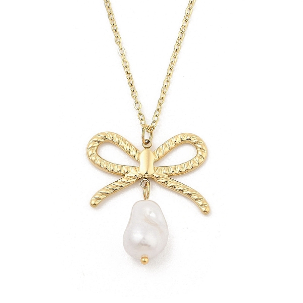 304 Stainless Steel & Plastic Pearl Bowknot Pendant Cable Chain Necklaces