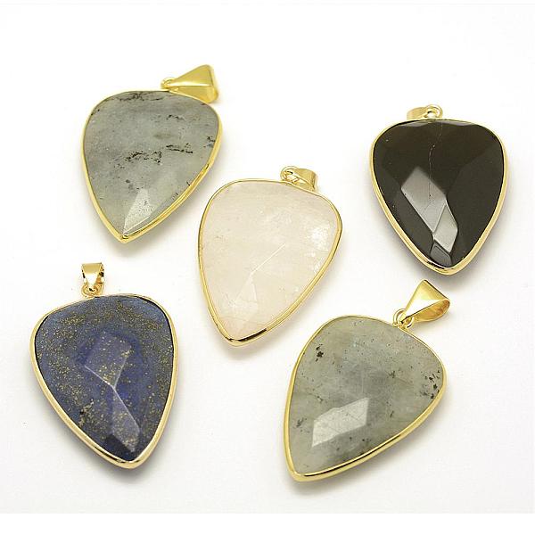 PandaHall Faceted Natural Mixed Stone Pendants, with Golden Tone Brass Findings, teardrop, 40x27x7~9mm, Hole: 4x5mm Mixed Stone Teardrop