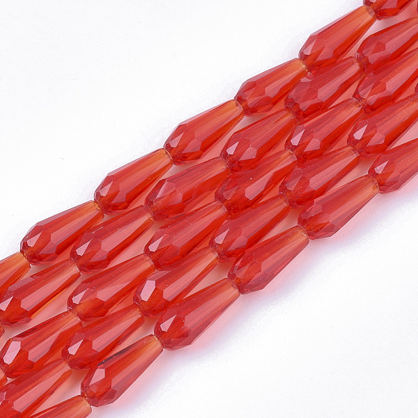 

PandaHall Transparent Glass Beads Strands, Faceted, Teardrop, Red, 9~10x4mm, Hole: 1mm, about 72pcs/Strand, 26.38~27.17 inch(67~69cm) Glass...