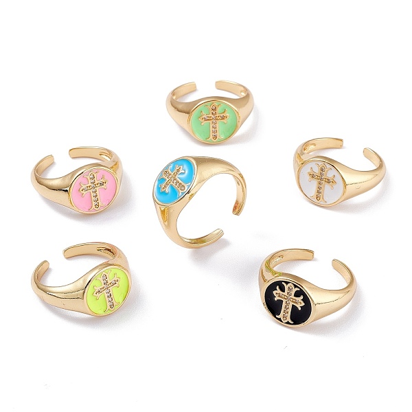 

PandaHall Brass Clear Cubic Zirconia Cuff Rings, Open Rings, Long-Lasting Plated, with Enamel, Real 18K Gold Plated, Flat Round with Cross..., Multicolor