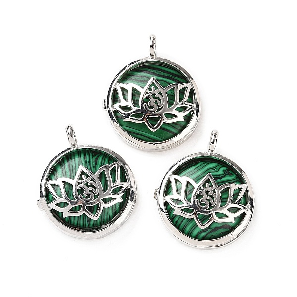 

PandaHall Synthetic Malachite Locket Pendants, Flat Round Charms, with Platinum Plated Brass Lotus Findings, 31.5x27x9mm, Hole: 4.6mm...