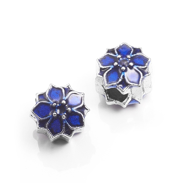 

PandaHall Alloy European Beads, Flower, Lager Hole Beads, with Enamel, Antique Silver, Blue, 11x10mm, Hole: 4.5mm Alloy+Enamel Flower Blue