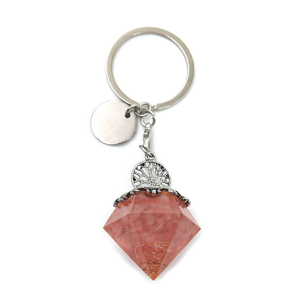 

PandaHall Reiki Energy Natural Rose Quartz Chips in Resin Diamond Shape Pendant Keychain, with Tree of Life Charm, 9cm Rose Quartz Diamond
