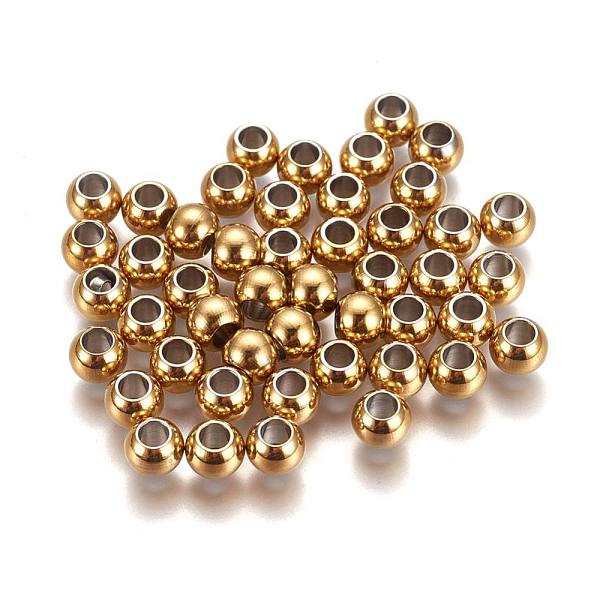 

PandaHall Ion Plating(IP) 304 Stainless Steel Spacer Beads, Round, Golden, 6x5mm, Hole: 3mm 304 Stainless Steel Round