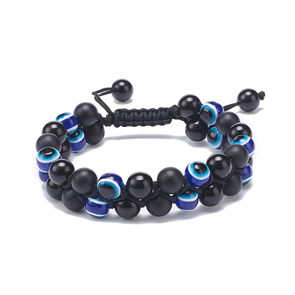 

PandaHall Natural Black Agate(Dyed) & Eyeless Obsidian & Resin Evil Eye Braided Bead Bracelet, Double Layer Gemstone Lucky Bracelet for Men...