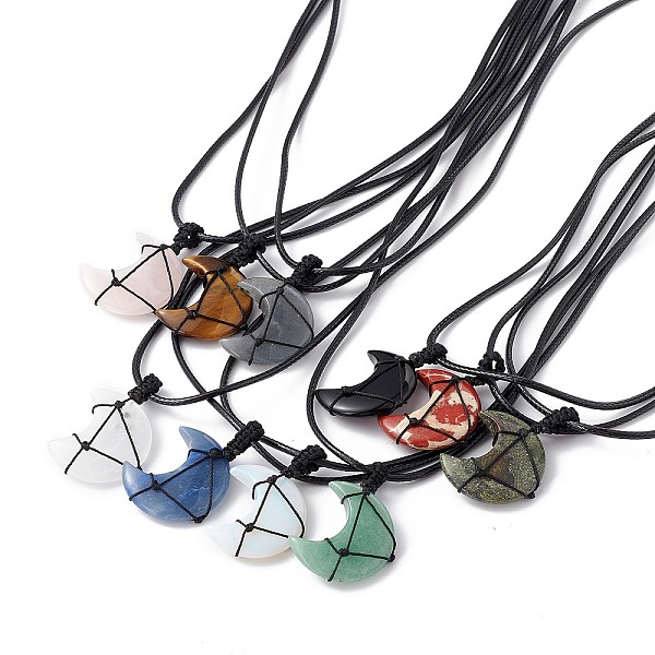 

PandaHall Adjustable Gemstone Moon Pendant Necklace, Wax Cord Macrame Pouch Braided Gemstone Jewelry for Women, 29.37~29.69 inch...