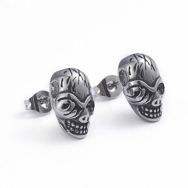 

PandaHall Retro 304 Stainless Steel Stud Earrings, with Ear Nuts, Skull, Antique Silver, 13.5x8mm, Pin: 0.7mm 304 Stainless Steel Skull