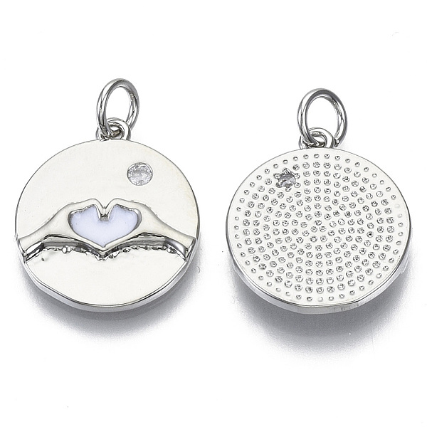 

PandaHall Brass Micro Pave Cubic Zirconia Pendants, with Enamel & Jump Rings, Nickel Free, Valentine's Day, Flat Round with Heart, Clear..., White