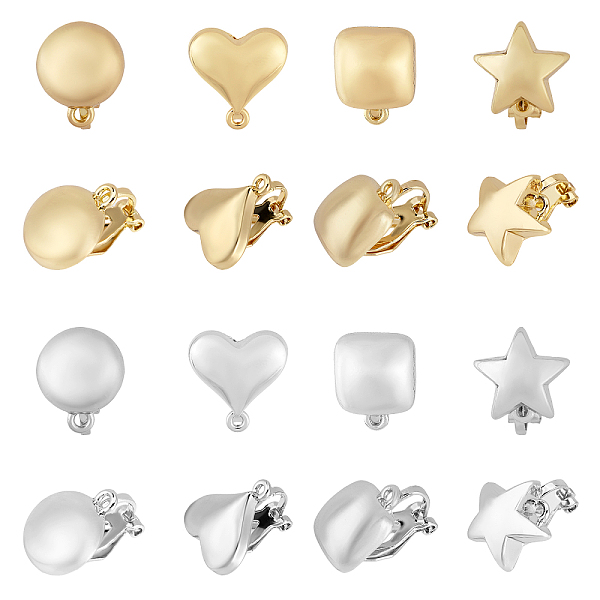 

PandaHall CHGCRAFT 16Pcs 8 Style Alloy Clip-on Earring Findings, with Horizontal Loops, Square & Flat Round & Heart & Star, Platinum &...