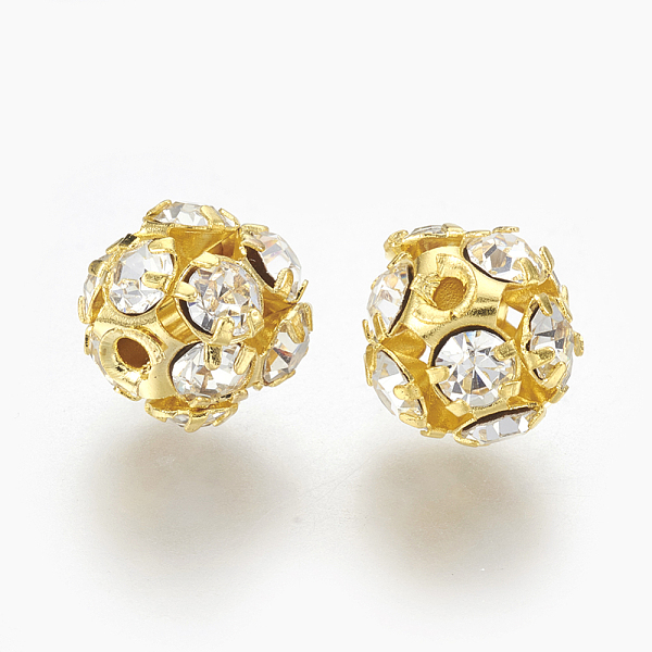 PandaHall Golden Plated Brass Rhinestone Beads, Round, Crystal, 8mm, Hole: 1mm Brass+Rhinestone Round Clear