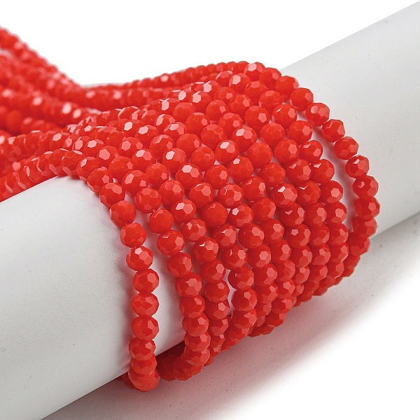 

PandaHall Opaque Glass Beads Stands, Faceted(32 Facets), Round, Red, 3~3.5mm, Hole: 0.6mm, about 163~166pcs/strand, 50~51cm Glass Round Red