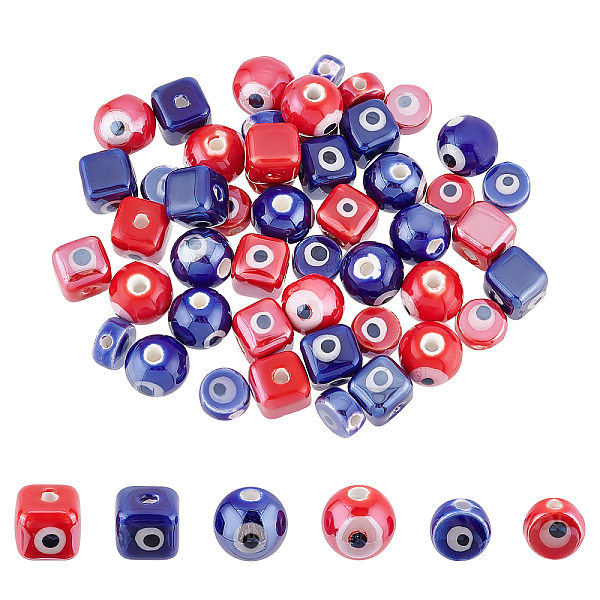 

PandaHall SUPERFINDINGS 48Pcs 6 Style Handmade Porcelain Ceramic Beads, Bright Glazed Porcelain, Evil Eye, Mixed Shape, Mixed Color..., Multicolor
