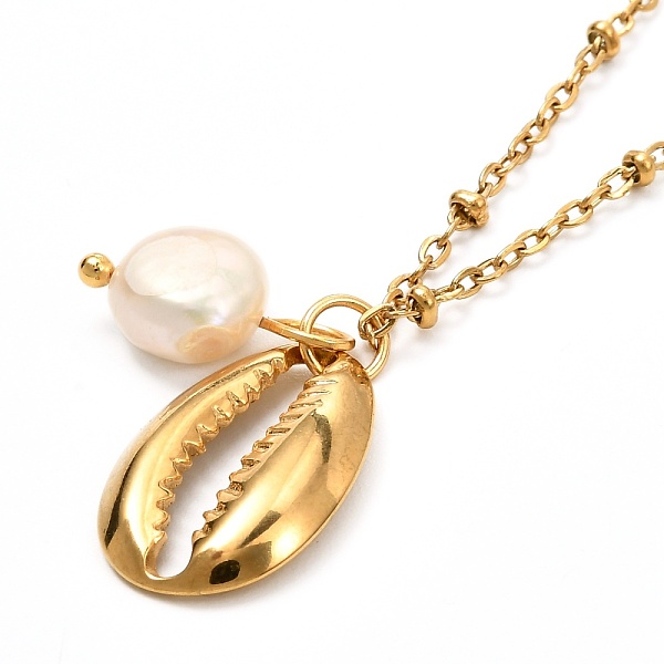 

PandaHall Cowrie Shell & Natural Pearl Pendant Necklace for Teen Girl Women, Golden, 19.4 inch(49.3cm) 304 Stainless Steel