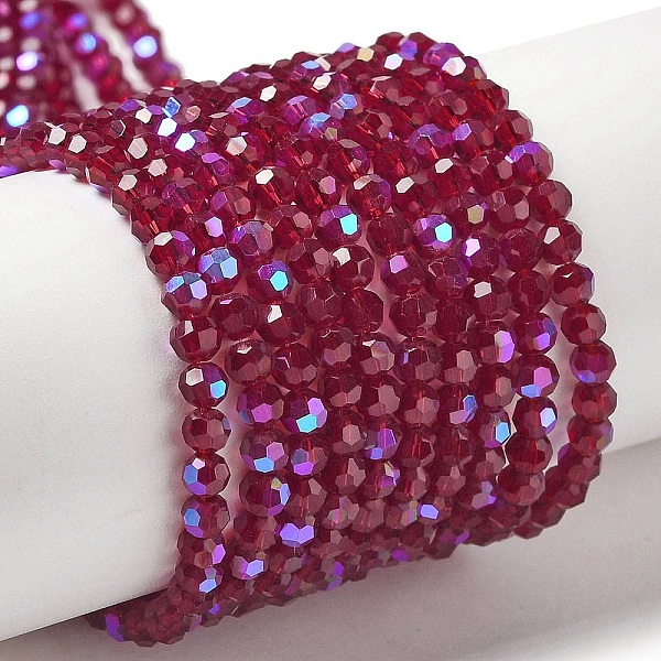 

PandaHall Electroplate Transparent Glass Beads Strands, Faceted, Round, Rainbow Plated, Crimson, 3mm, Hole: 0.8mm, about 164~166pcs/strand..., Pink