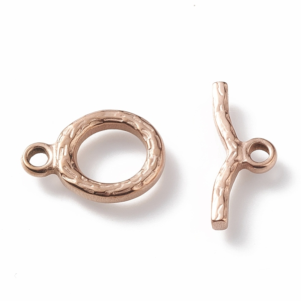 

PandaHall Ion Plating(IP) 304 Stainless Steel Toggle Clasps, Textured, Ring, Rose Gold, Ring: 16x12x2.2mm, Hole: 2mm, Bar: 18x7x2.2mm, Hole...