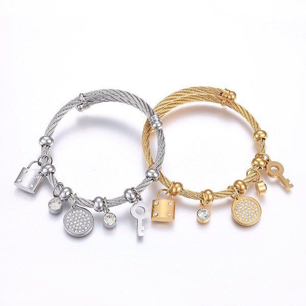 

PandaHall 304 Stainless Steel Bangles, with Rhinestone, Flat Round & Lock & Key, Mixed Color, 2-1/4 inch(5.7cm), Pendant: 10~20x7~15x2~5mm..., Clear