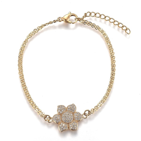 

PandaHall Brass Micro Pave Clear Cubic Zirconia Link Bracelets, with 304 Stainless Steel Cable Chains, Flower, Golden, 7-1/8 inch(18.1cm)...