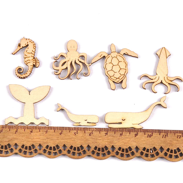

PandaHall Unfinished Wooden Pieces, Wood Cutouts, Mixed Shape, Sea Horse/Sea Turtle/Octopus/Whale/Cuttlefish, Sea Animals, 3~4cm Wood Other..., Orange