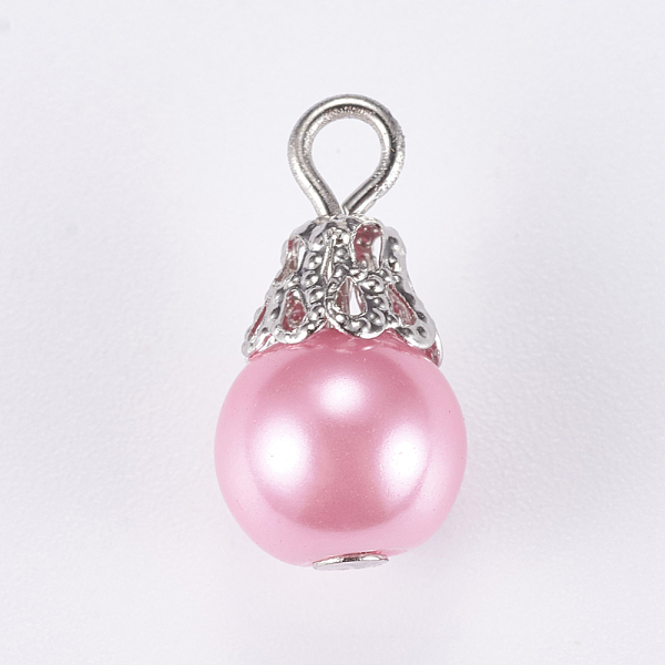 

PandaHall Glass Pearl Pendants, with Iron Findings, Round, Platinum, 16x8mm, Hole: 2~3mm Iron+Glass Round Multicolor