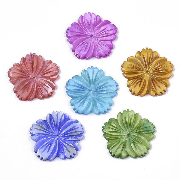 

PandaHall Natural Freshwater Shell Beads, Carved, Dyed, Flower, Mixed Color, 28x28x3mm, Hole: 1.6mm Freshwater Shell Flower Multicolor