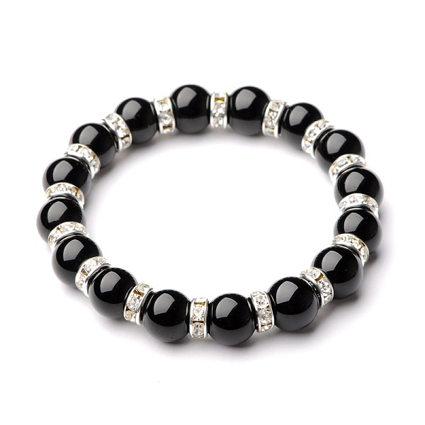 

PandaHall Gemstone Stretch Bracelets, with Silver Color Plated Brass Middle East Rhinestone Beads, Gemstone, 54mm Black Stone Clear