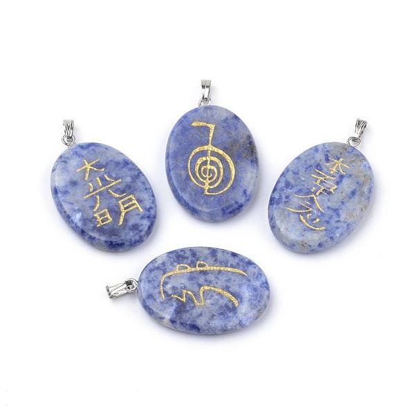 

PandaHall Natural Blue Spot Jasper Pendants, with Brass Findings, Oval with Mark Pattern, Platinum, 33~34x22x5~6mm, Hole: 3x5mm, 4pcs/set...