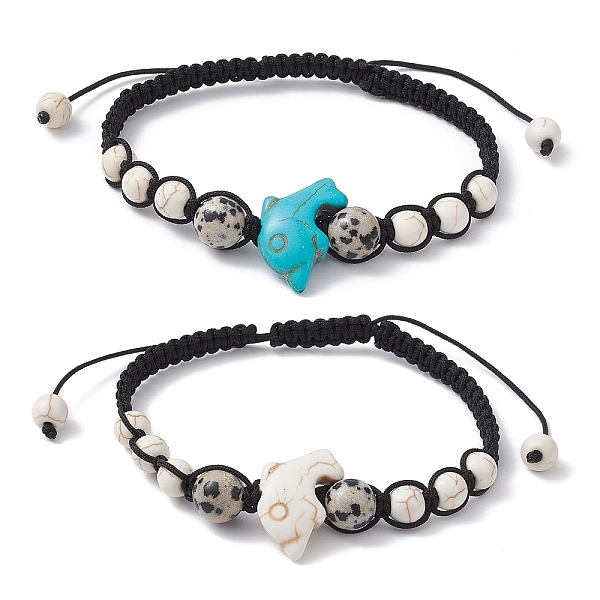 

PandaHall 2Pcs 2 Color Synthetic Turquoise Dolphin & Natural Dalmation Jasper Braided Bead Bracelets Set, Nylon Adjustable Bracelets, Mixed..., Multicolor