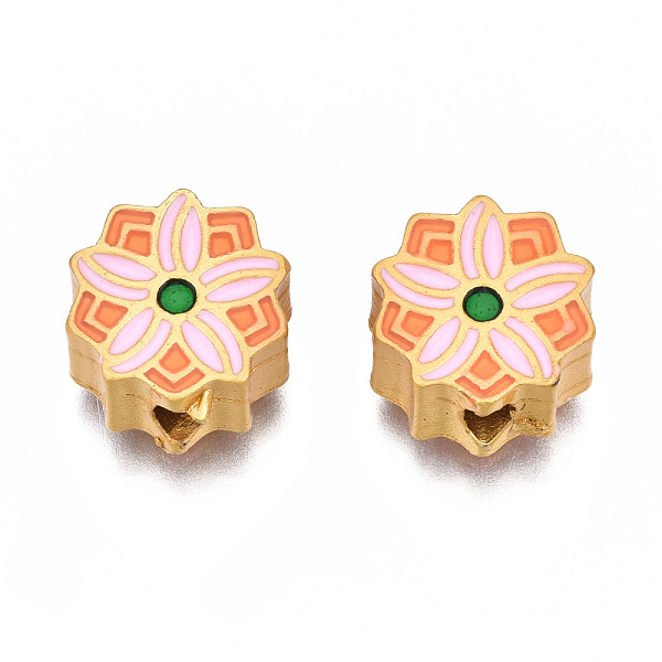 

PandaHall Rack Plating Alloy Enamel Beads, Cadmium Free & Lead Free, Matte Gold Color, Flower, Pearl Pink, 11x10.5~11x5mm, Hole: 2mm...