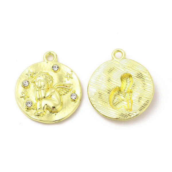 

PandaHall Rack Plating Alloy Rhinestone Pendants, Flat Round with Angel Charms, Cadmium Free & Nickel Free & Lead Free, Light Gold...
