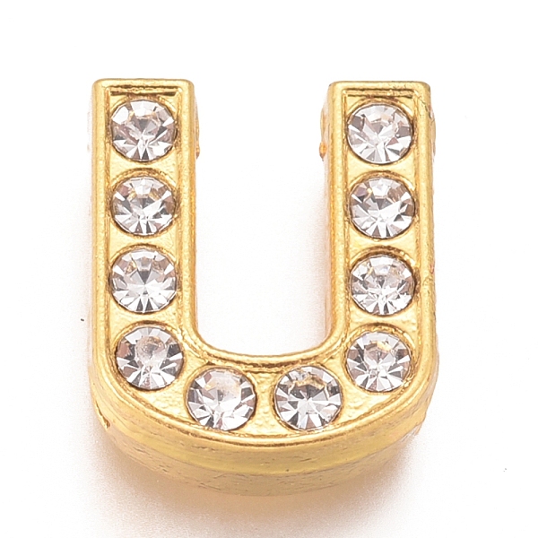 

PandaHall Alloy Slide Charms, with Crystal Rhinestone, Letter, Letter.U, U: 12x10.4x4.2mm, Hole: 2x8mm Alloy+Rhinestone Letter U