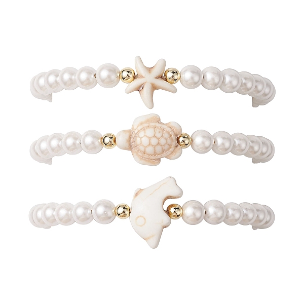 

PandaHall 3Pcs 3 Styles Summer Shell Pearl Braided Bead Bracelets, Beach Starfish & Turtle & Dolphin Synthetic Turquoise Stackable...
