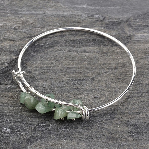 

PandaHall Silver Plated Brass Bangles, with Natural Green Aventurine, 64mm Green Aventurine