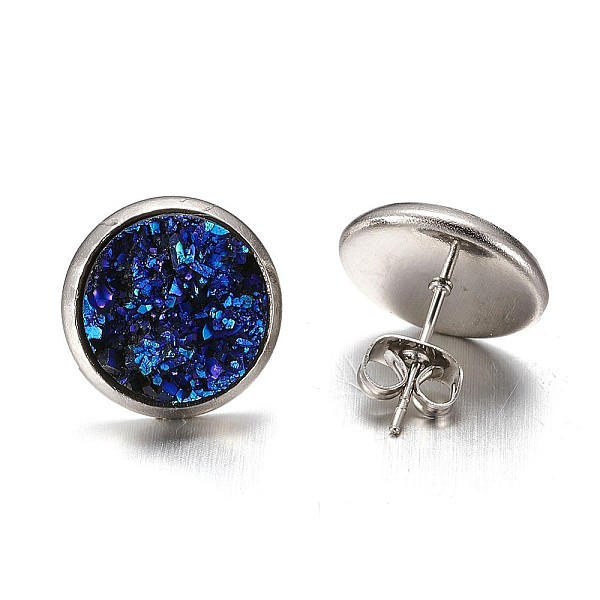 

PandaHall Flat Round 304 Stainless Steel Druzy Resin Ear Studs, Dark Turquoise, 14x7mm, Pin: 0.7mm Resin