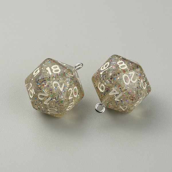 

PandaHall Transparent Resin Polyhedral Dice Pendants, 20 Sided Dice Charm, with Platinum Tone Iron Loops and Colorful Glitter Powder...