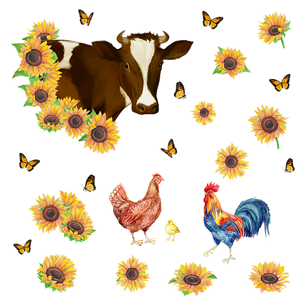 PandaHall SUPERDANT Farm Animals Wall Stickers Cow Wall Stickers Rooster Sunflower Rustic Wall Decals Peel and Stick Vinyl Removable Wall...