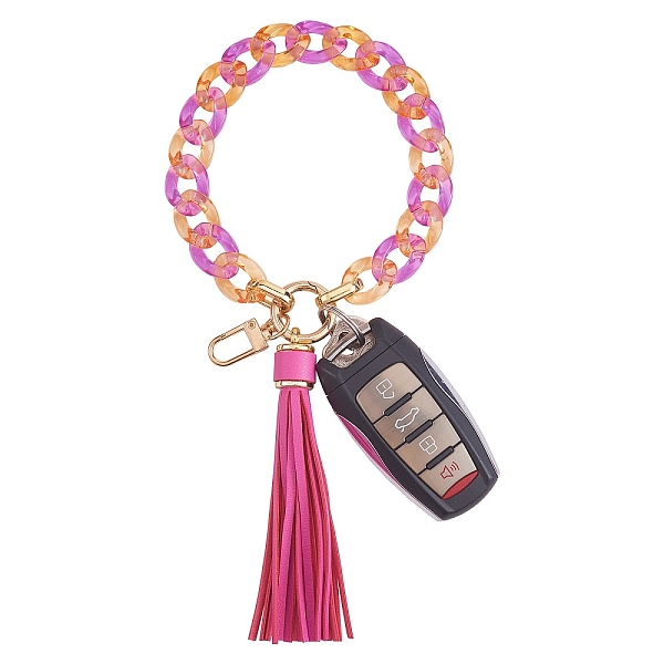 

PandaHall Chain Link Wristlet Keychain, Acrylic Bracelet Tassel Keychain, with Alloy Findings, Cerise, 28cm Acrylic Others Red
