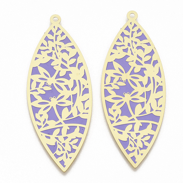 

PandaHall Brass Enamel Big Pendants, Etched Metal Embellishments, Matte Gold Color, teardrop, with Dragonfly and Leaf, Lilac, 67x26x0.3mm..., Purple
