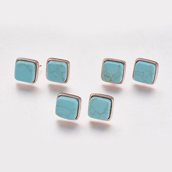 

PandaHall Synthetic Turquoise Stud Earrings, with Brass Findings, Real Rose Gold Plated, Square, 12x12x4.5~6mm, Pin: 1mm Synthetic Turquoise..., Green