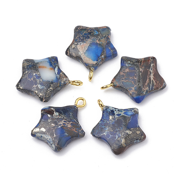 

PandaHall Synthetic Regalite/Imperial Jasper/Sea Sediment Jasper Pendants, with Golden Tone Iron Findings, Star, Blue, 22~24x19~20x5mm, Hole...