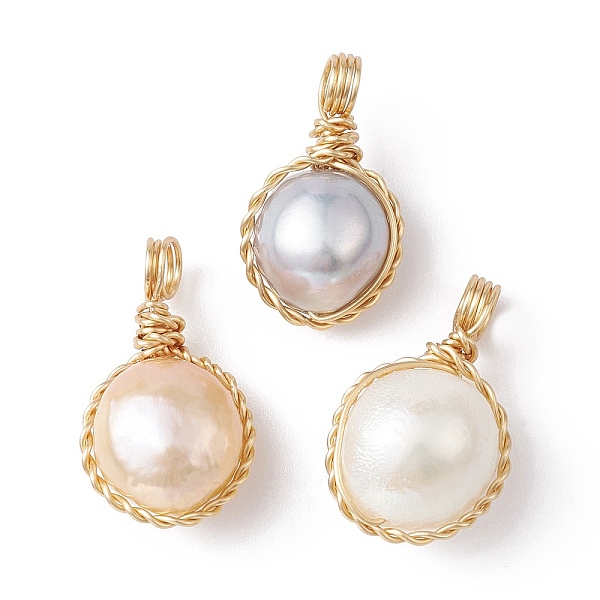 

PandaHall 3Pcs Natural Cultured Freshwater Pearl Copper Wire Wrapped Pendants, Round Charms, Golden, Mixed Color, 18.5~21x11~12x7.5~9.5mm..., Multicolor