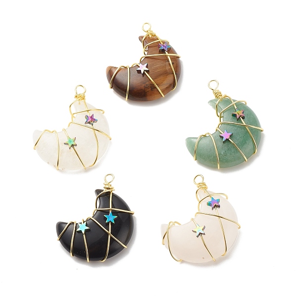 

PandaHall Natural Mixed Stone Copper Wire Wrapped Pendants, with Electroplate Non-magnetic Star Synthetic Hematite, Golden, Moon...