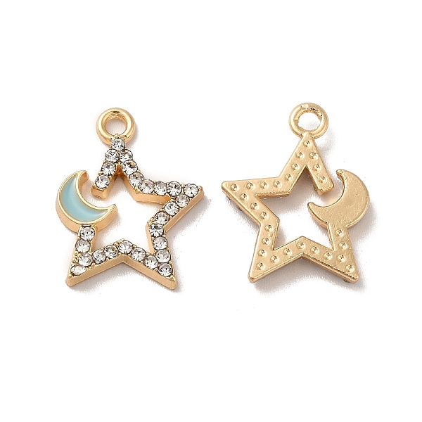 

PandaHall Rack Plating Alloy Rhinestone Pendants, with Enamel, Nickel Free, Star with Moon Charms, Golden, Sky Blue, 17x13x2mm, Hole: 1.6mm..., Clear