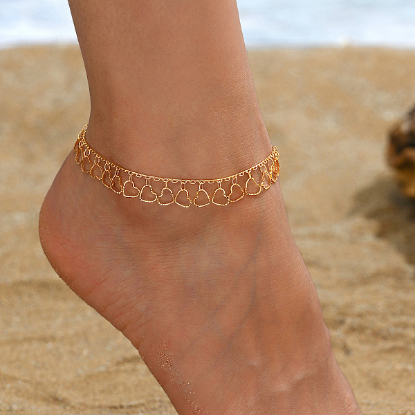 

PandaHall Beach Style Adjustable Heart Charm Anklets for Women, 18K Gold Plated Brass
