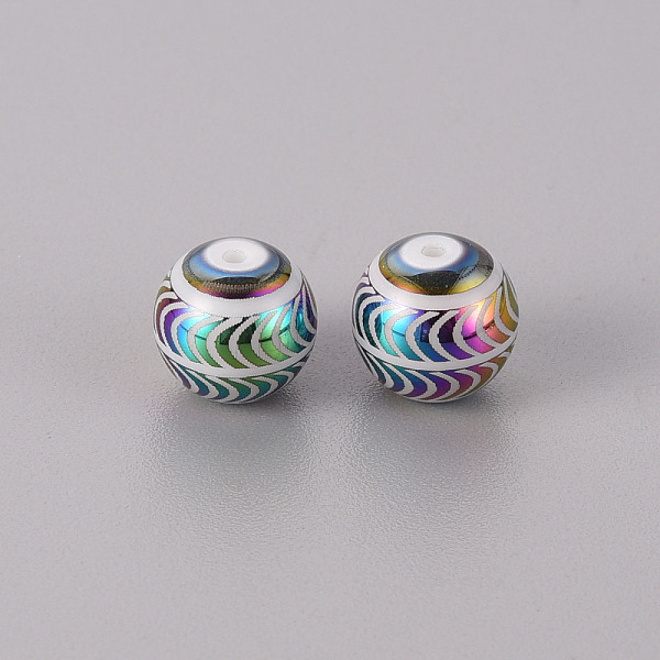 

PandaHall Electroplate Glass Beads, Round with Wave Pattern, Multi-color Plated, 10mm, Hole: 1.2mm Glass Others