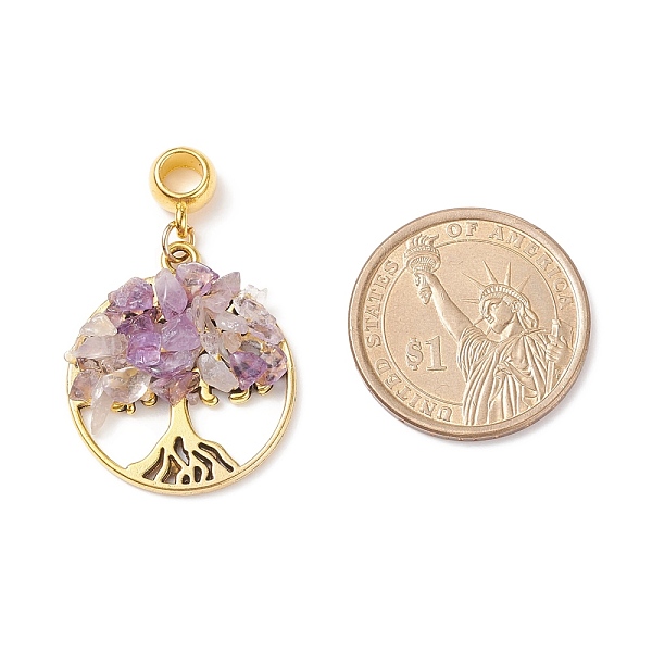 

PandaHall Natural Amethyst European Dangle Charms, Large Hole Pendant, with Alloy Findings, Flat Round with Tree of Life, Antique Golden...