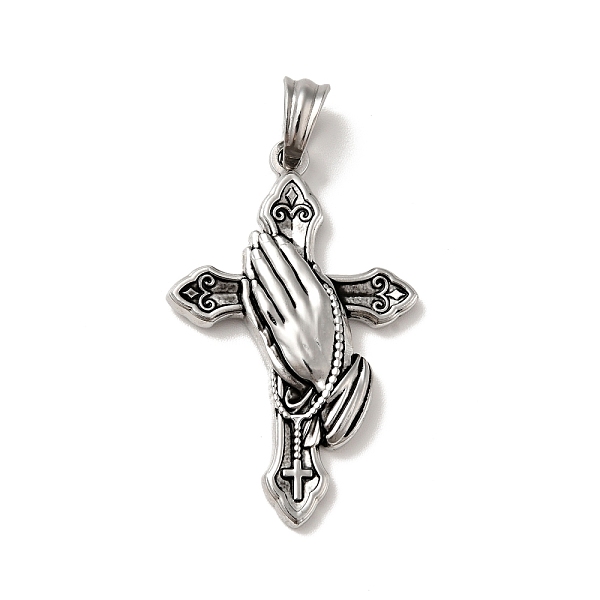 

PandaHall Tibetan Style 304 Stainless Steel Pendants, Religion Charm, Cross with Praying Hand, Antique Silver, 37.5x24x4mm, Hole: 5x7mm 304...