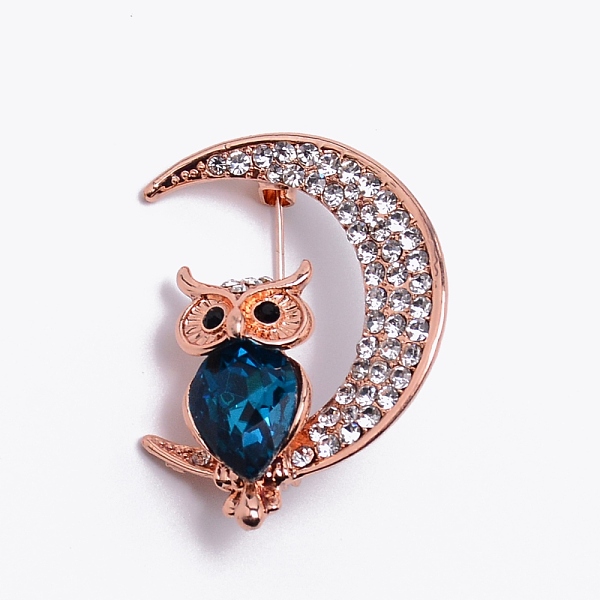 

PandaHall Alloy Brooches, with Rhinestone, Moon with Owl, Rose Gold, 29x39x17mm, Pin: 0.8mm Alloy+Rhinestone Multicolor
