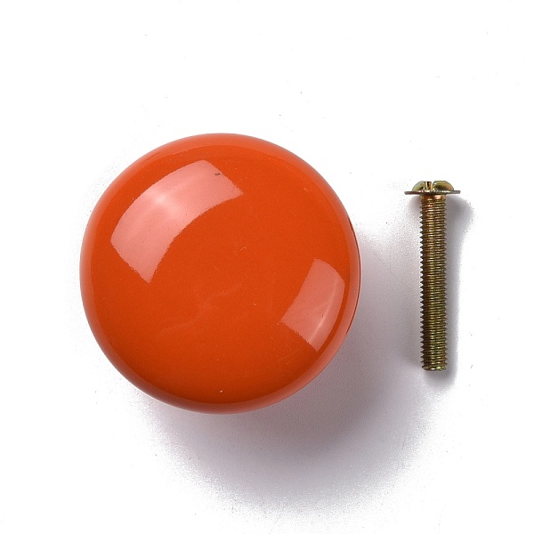 PandaHall Round-shaped Porcelain Cabinet Door Knobs, Kitchen Drawer Pulls Cabinet Handles, with Iron Screws, Orange Red, 28x38mm Porcelain