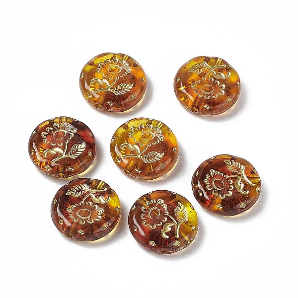 PandaHall Golden Metal Enlaced Acrylic Beads, Flat Round with Flower, Peru, 18x5.5mm, Hole: 1.8mm, 399pcs/500g Acrylic Flat Round Brown