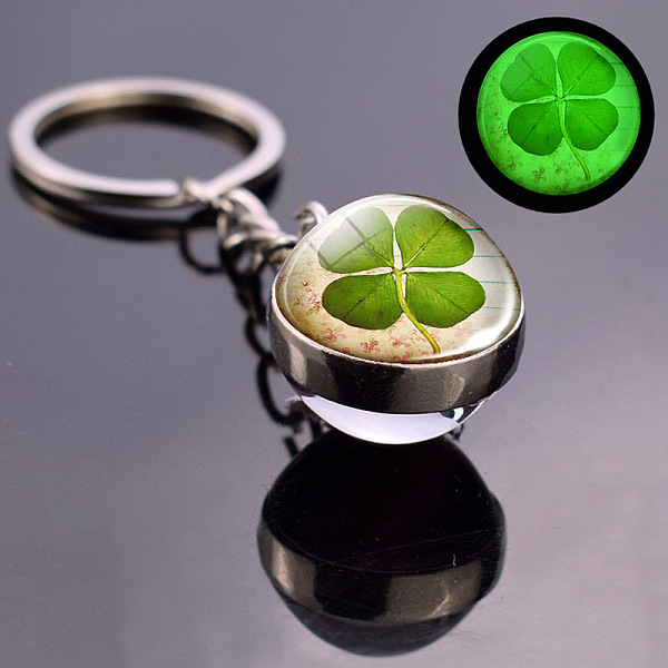 

PandaHall Luminous Alloy Glass Keychain, with Key Ring, Round with Clover, PapayaWhip, 8x2cm Alloy Round Orange